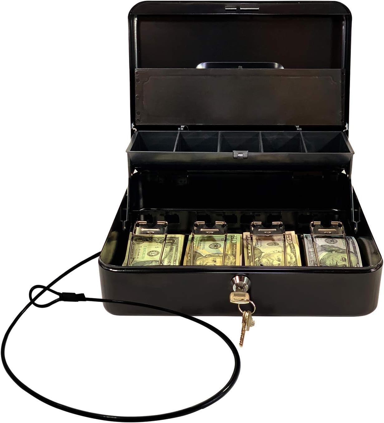 Cash Box by OSAFE – Money Box with Lock & Security Cable – Cash Safe Box with New Lid Coin Tray, 5 Compartments, 4 Spring Loaded – Large 3.5H x 9.5W x 11.8L Inch Metal Money Box with 4 Keys – Black