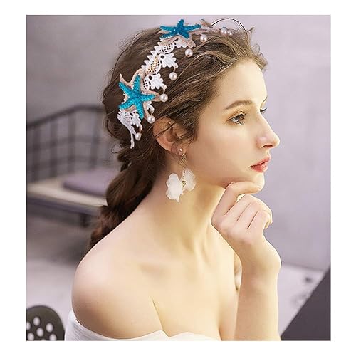 Miniatura 2 de PH PandaHall Diadema de sirena de 2 hebras con collar de estrella de mar, diadema bohemia de encaje para boda, diadema elástica con flores y conchas