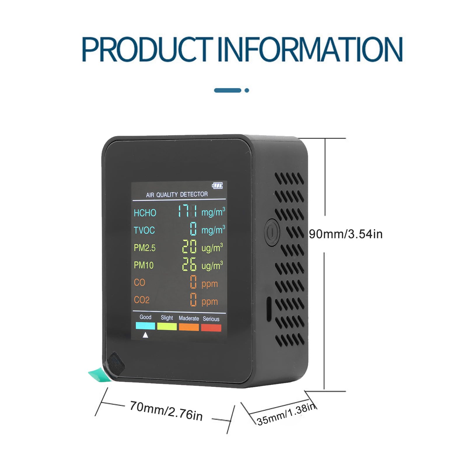 Monitor Jakości Powietrza, CO2 TVOC HCHO PM2.5 PM10 Tester Jakości Powietrza w Pomieszczeniach dla Domu, z Podświetlanym Wyświetlaczem LCD, ładowany Przez USB (BLACK)