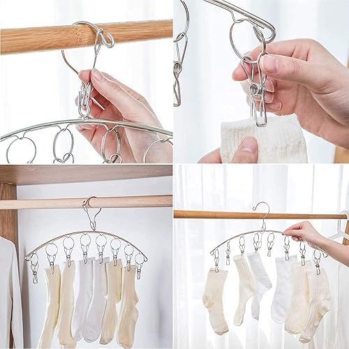 Miniatura 3 de Percha de secado de ropa de acero inoxidable con gancho resistente al viento, colgador de ropa interior, perchas con 8 clips para secar calcetines,