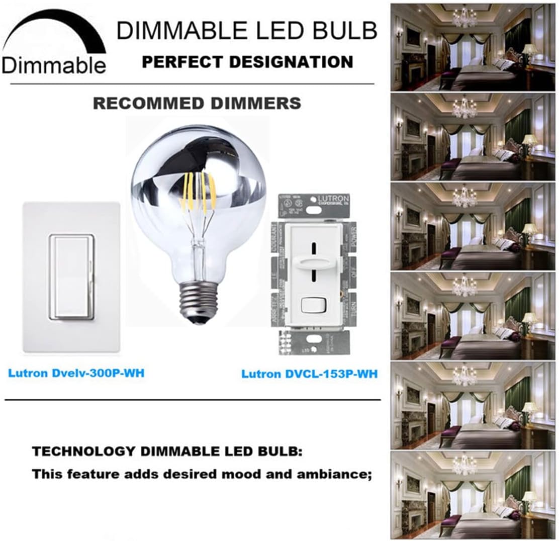 4-Pack 4 Watt Half Chrome Light Bulbs Dimmable G25(G80), E26 Natural White 4000K 40W Equivalent 360lm Edison LED and Christmas Decorative Bulbs with Silver Mirror for Indoor Living Room, AC 120V