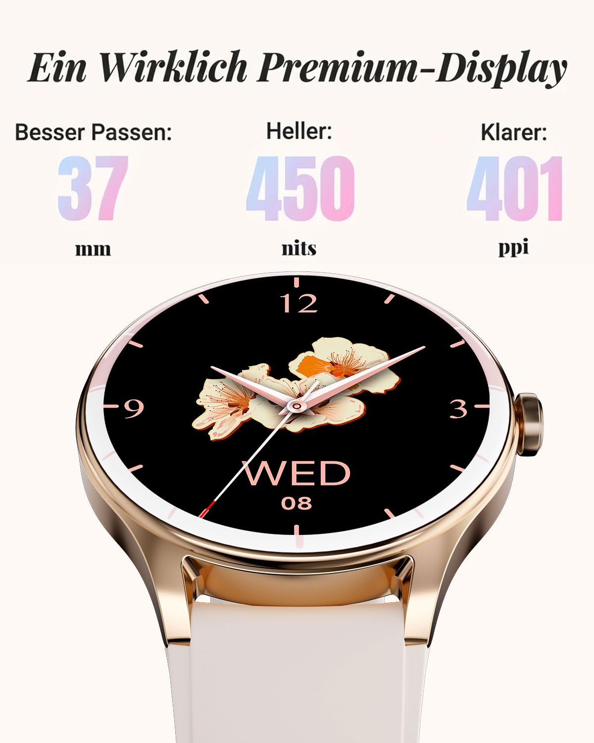 TOOBUR Smartwatch Damen, 40mm Rund Schrittzähler Uhr, 100+ Sportmodi, Beige | Fitness Uhr für Alltag, Smart Watch Android & iOS Kompatibel, Telefonfunktion mit AnrAufe, IP68 Wasserdicht