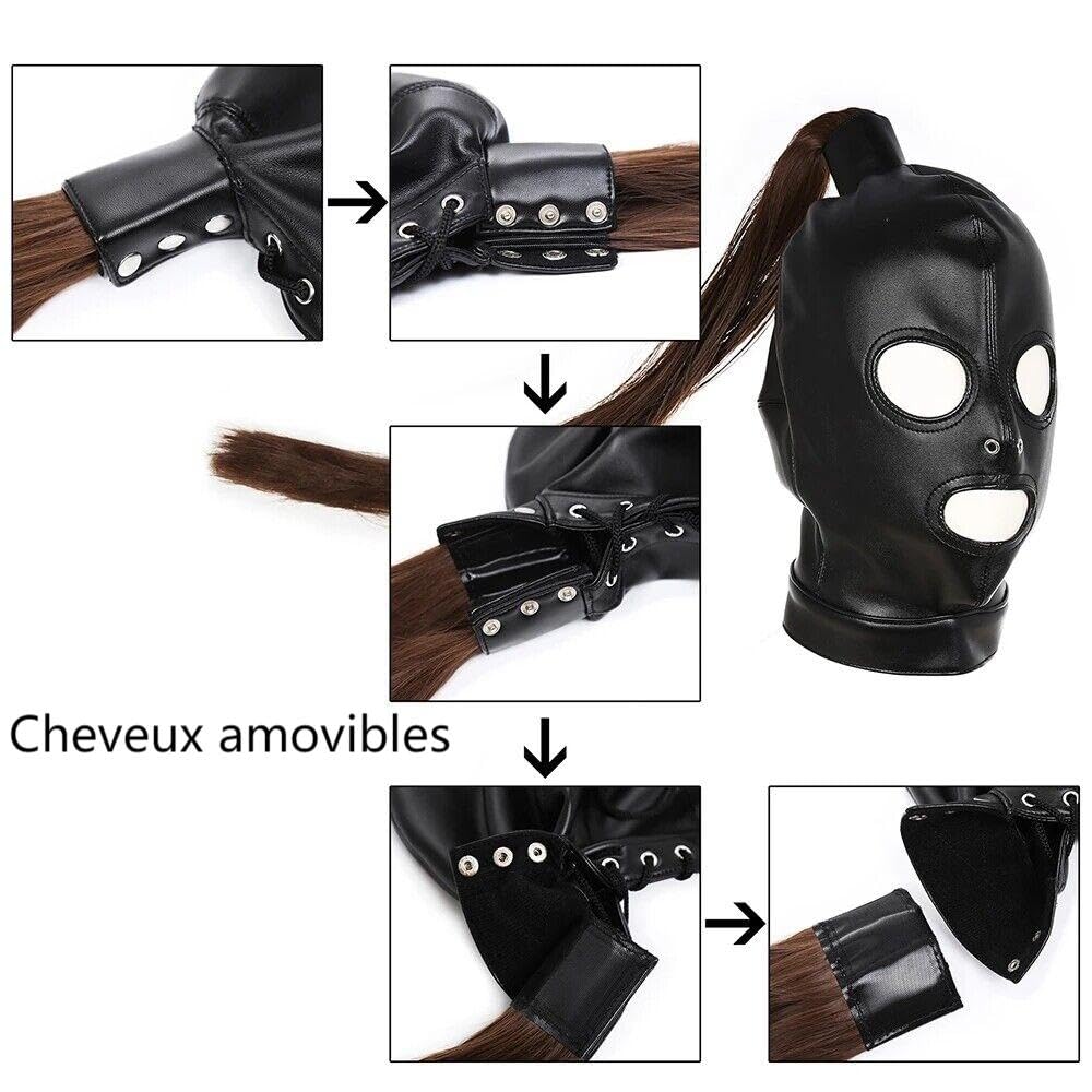 Masque de tête en cuir souple Avec Perruque Amovible Bondage BDSM Masque Fétiche Couvre-Tête pour les Yeux avec Laçag d'Halloween