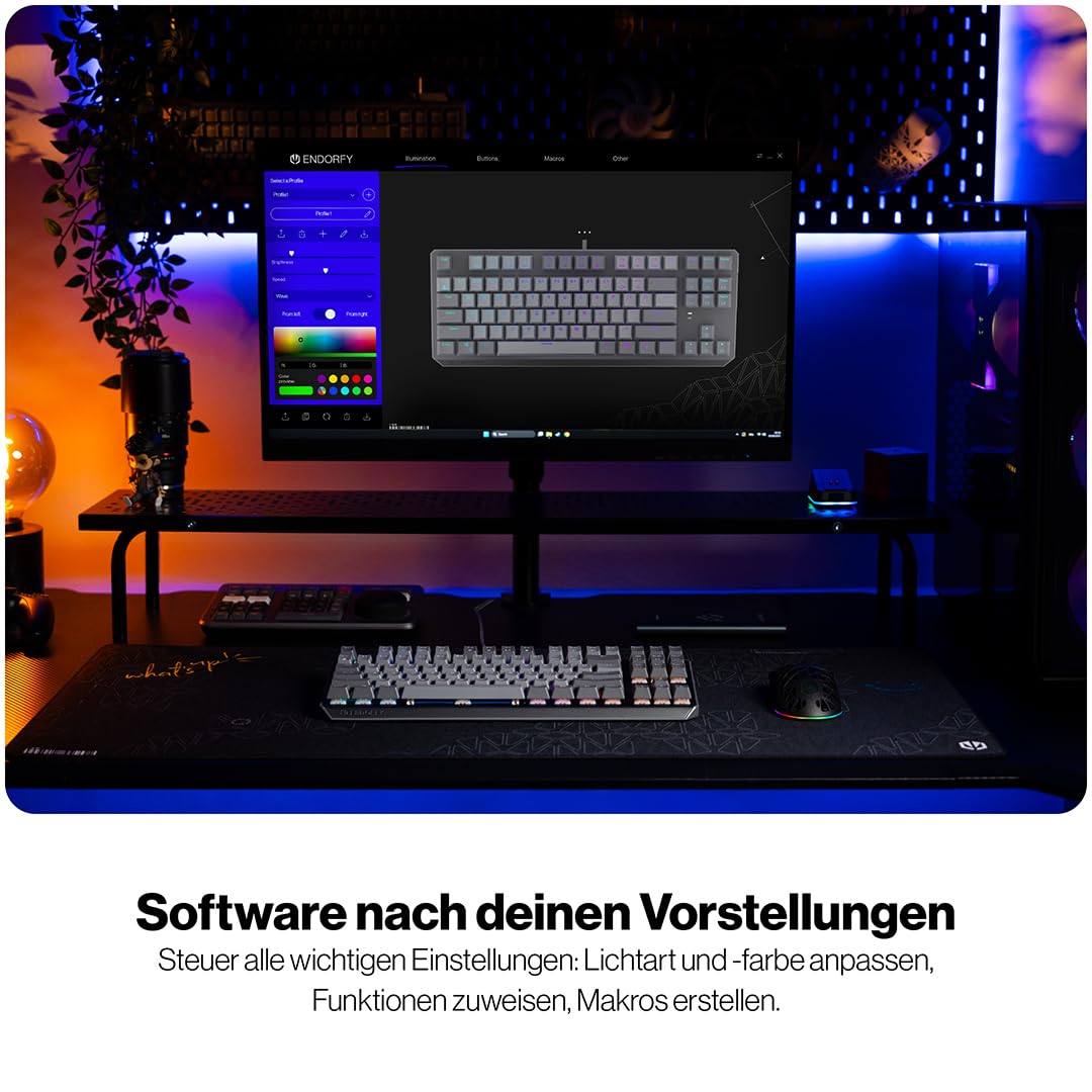 ENDORFY Thock V2 TKL DE EY5D036, mechanische Gaming-Tastatur, deutsches QWERTZ-Layout, lineare Red Switches, Hot-Swap, PBT-Keycaps, ARGB, abnehmbares USB-C-Kabel, 3-Lagen-Schalldämmung, Grau