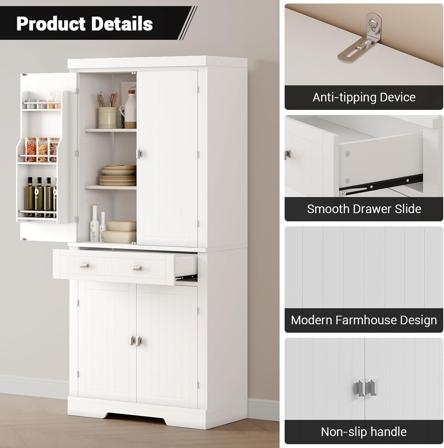 71.7 Inch Kitchen Pantry Cabinet,Freestanding High Cupboard Bathroom Storage Cabinet with 2 Drawer & Cabinets, 3 Adjustable Shelves, 6 Door Shelves,for Living Room, Kitchen White