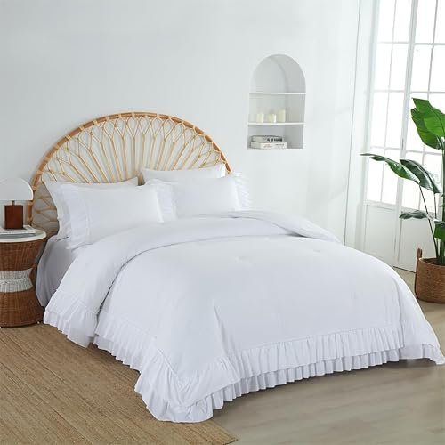 Miniatura 2 de Holawakaka Juego de edredón con volantes blancos tamaño Queen, juego de ropa de cama ligero con volantes de granja, vintage, ultra suave, esponjoso,