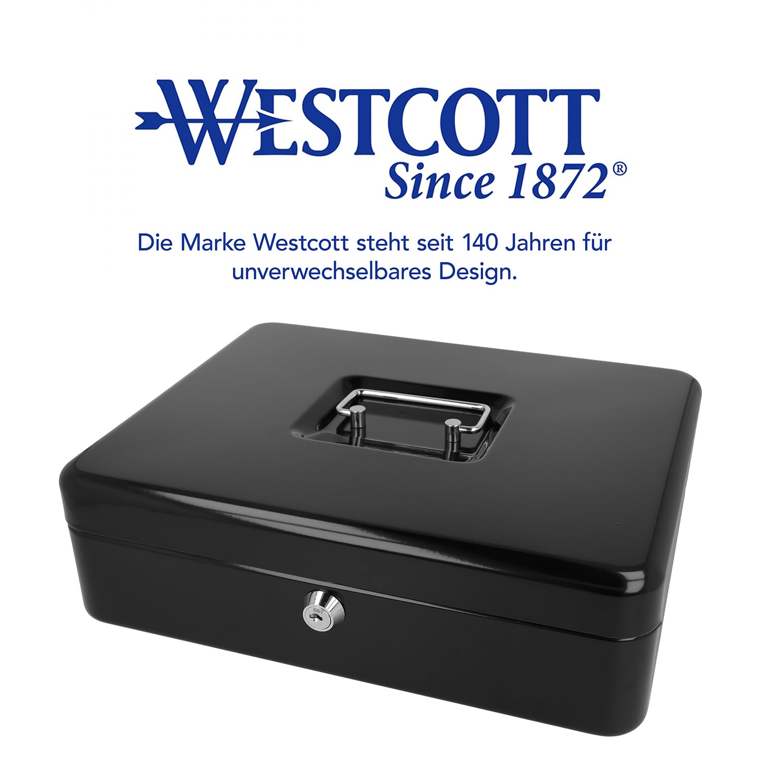 Westcott E-51002 czarna kasetka na pieniądze, zamykana, duża, 30 cm, zamykana skrzynka z blachy stalowej z 2 kluczami, wyjmowana wkładka na monety z 5 przegródkami, kolor czarny