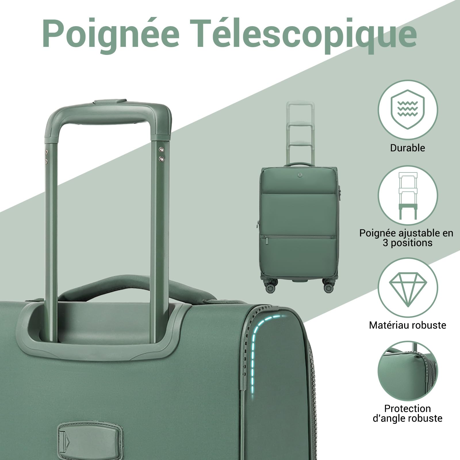 Miss Lulu Valise Moyenne 74.5 cm 76.5L Valise Souple Soute Extensible 5 cm, Valise Voyage Moyen Taille avec Poche Avant, Cadenas TSA, Roulette Valise 360° Silencieuse, Vert