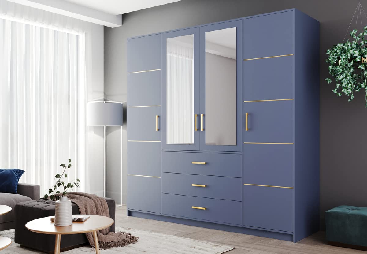 Kleiderschrank Bali D4 mit Spiegel 196 cm, 3 Schubladen, Garderobeschrank Schlafzimmer, Wohnzimmerschrank, Mehrzweckschrank Farbe: Blau