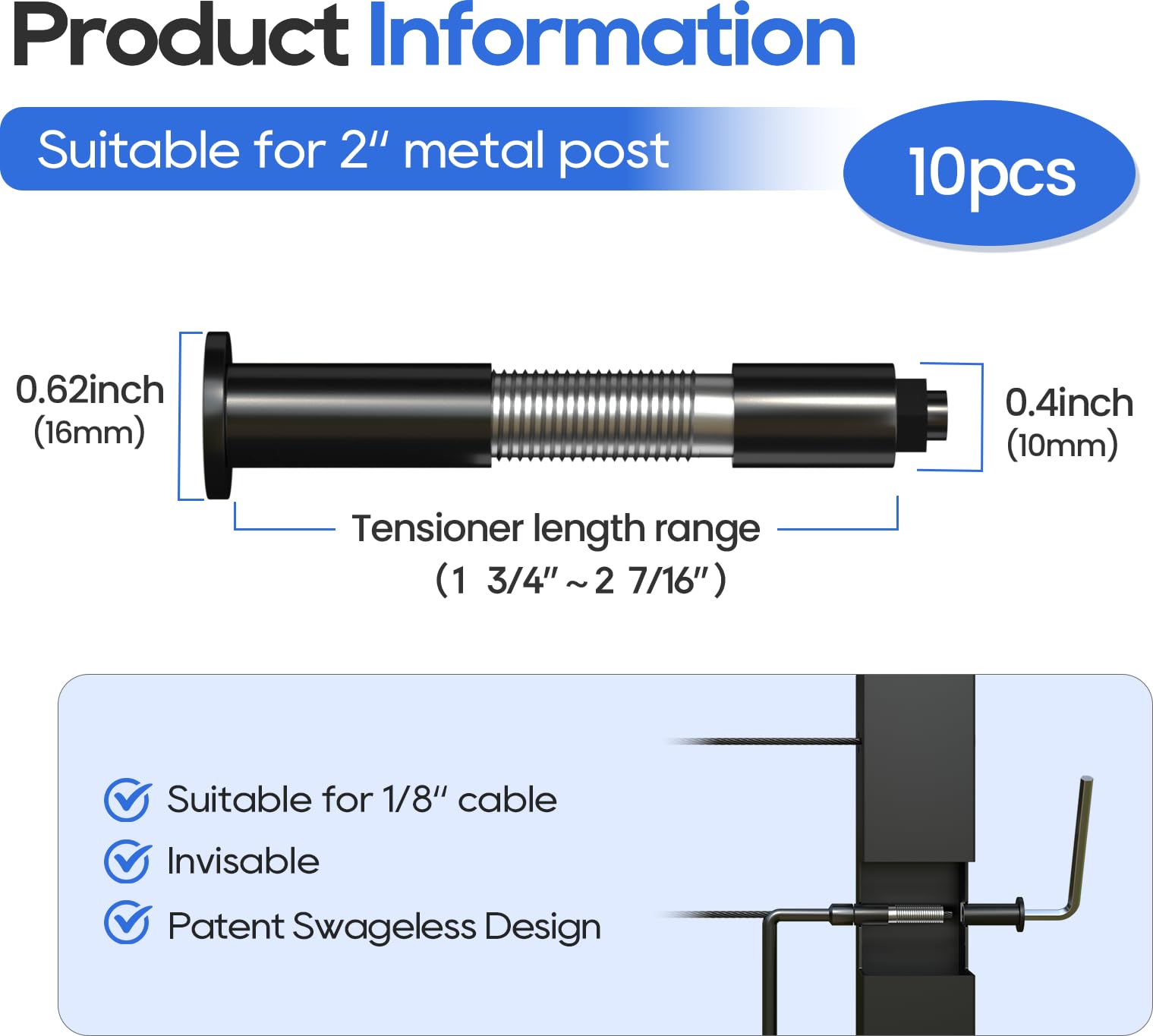 [Brevetto] Coliwel Aggiornato 10 confezioni 1/8" Nero Swageless Kit hardware per ringhiera cavo riutilizzabile T316 in acciaio inox tenditore invisibile per ringhiere cavi in metallo 5,1 x 5,1 cm