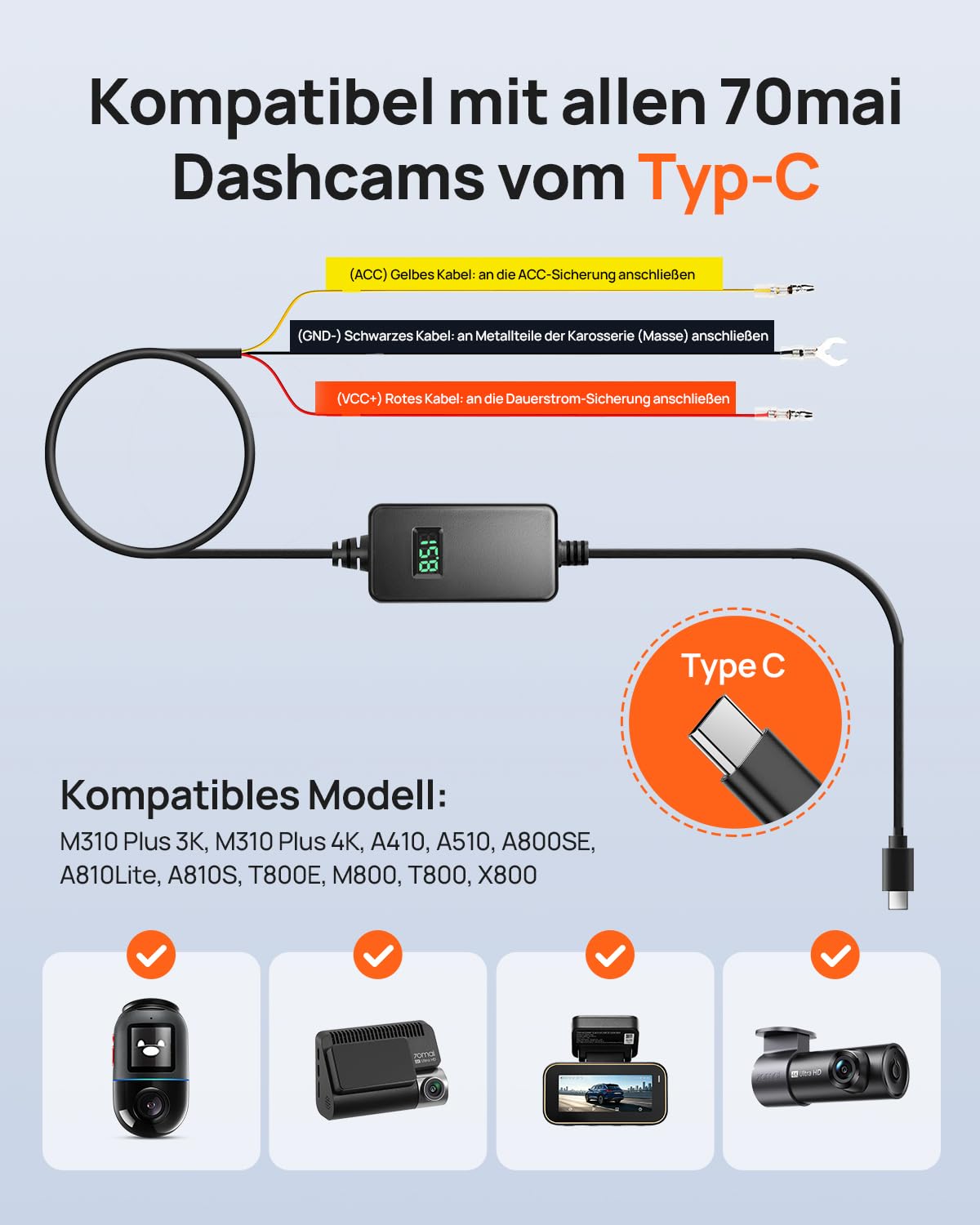 【70mai Dashcam M310 Plus 3K-UP06-ACC】 70mai M310 Plus 3K Mini Dash Cam für Autos, 1620P WDR WiFi Autokamera, Super Nachtsicht, 24-Stunden Parküberwachung mit App-Steuerung,