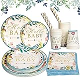 YOCOLE Baby Partygeschirr Set 150 Stück, Babyparty Deko Neutral Geschirr Set für 30 Gäste, Besteck Einweg Party mit Papier Teller Servietten Tassen Strohhalme, Baby Shower Geburtstag Gender Reveal