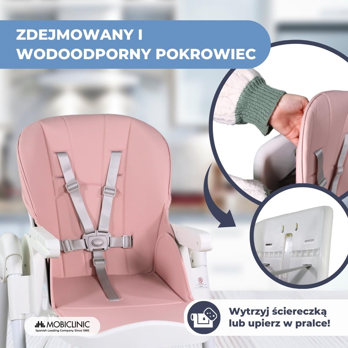 Mobiclinic®, Wysokie krzesełko dla dziecka, Evolutive, Dodatkowe składanie, Możliwość przekształcenia w krzesełko, Simba, 5-punktowe, Kółka z hamulcami, Podwójna wyjmowana tacka
