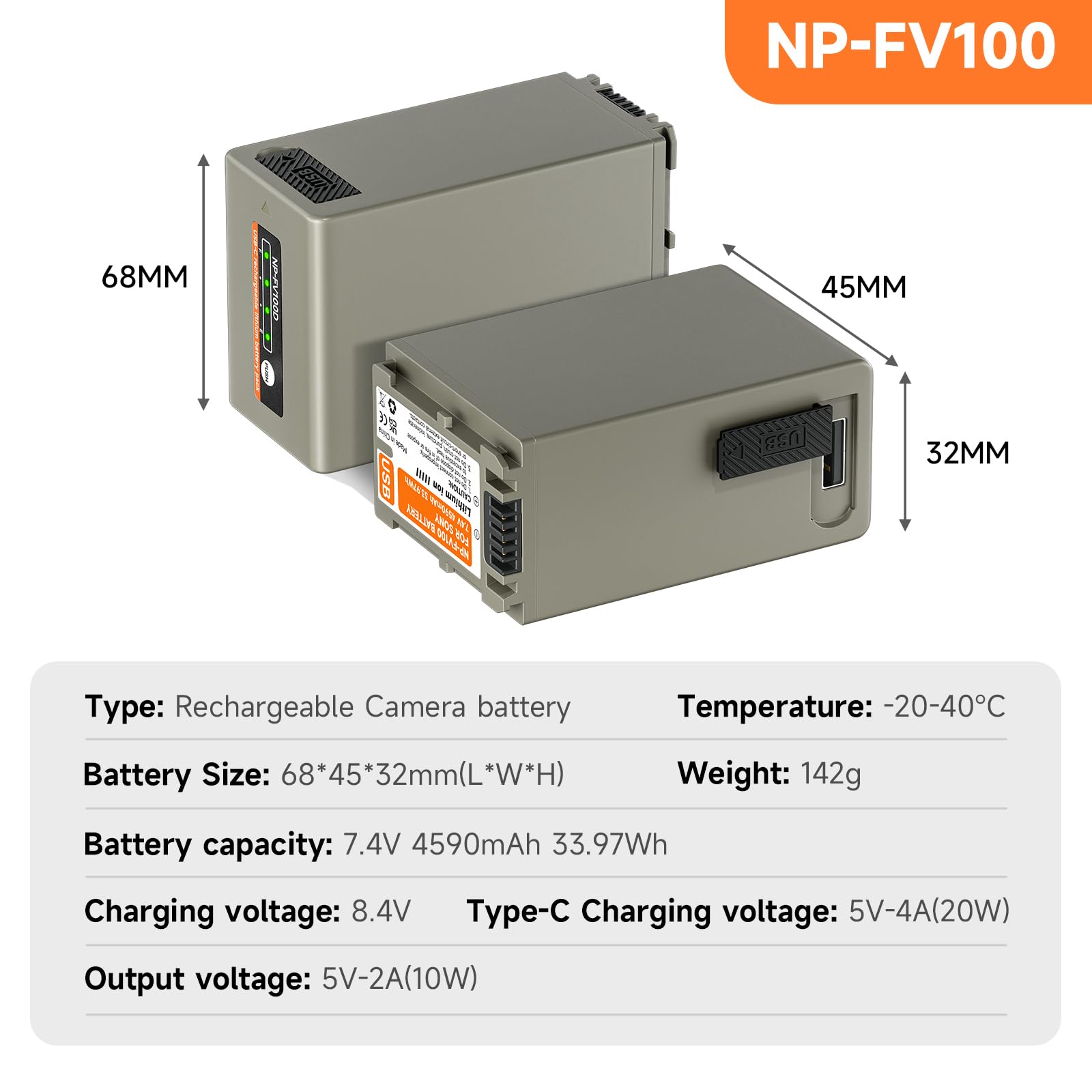 NP-FV100 USB-C batteria 4590mAh 2 pezzi per Sony NP-FH100 FH90 FH70 FH60 HDR-CX455 CX675 CX290 CX330 CX380 CX430V CX580V CX760V CX900 PJ540 PJ580V PJ670 PJ710V PJ 7 60V PV790V PJ810