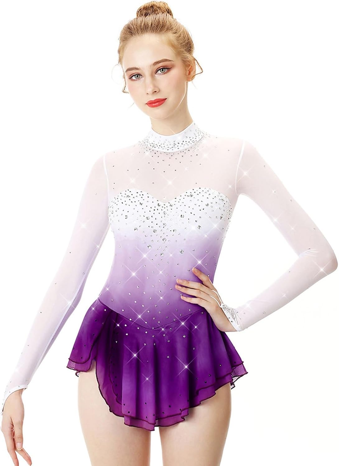 Figure Skating Dress Women Long Sleeve Open Back Handmade Breathable Professional Competitiona Wear