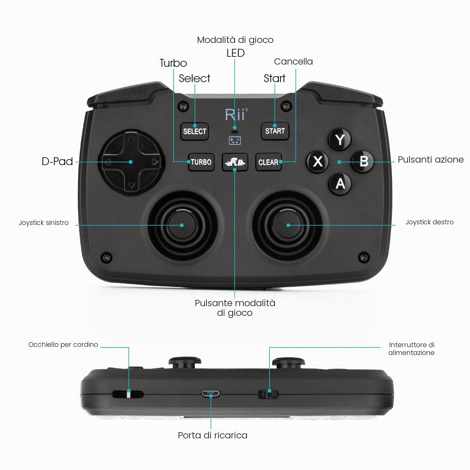 Rii RK707 Mini tastiera e mouse Combo con trackpad, tastiera multimediale mouse con controller di gioco, vibrazione turbo retroilluminata ricaricabile a 62 tasti per PC/Raspberry Pi2/Android TV