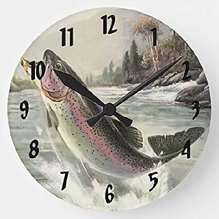 Rainbow Trout Fish Wall Clock Fisherman Fishing Wooden Round Clocks Wall Decor 15 Inch Battery Operated Large Decorative Wall Clock Silent Round Wood Wall Clock Hanging Clocks for Bedroom Decor Living