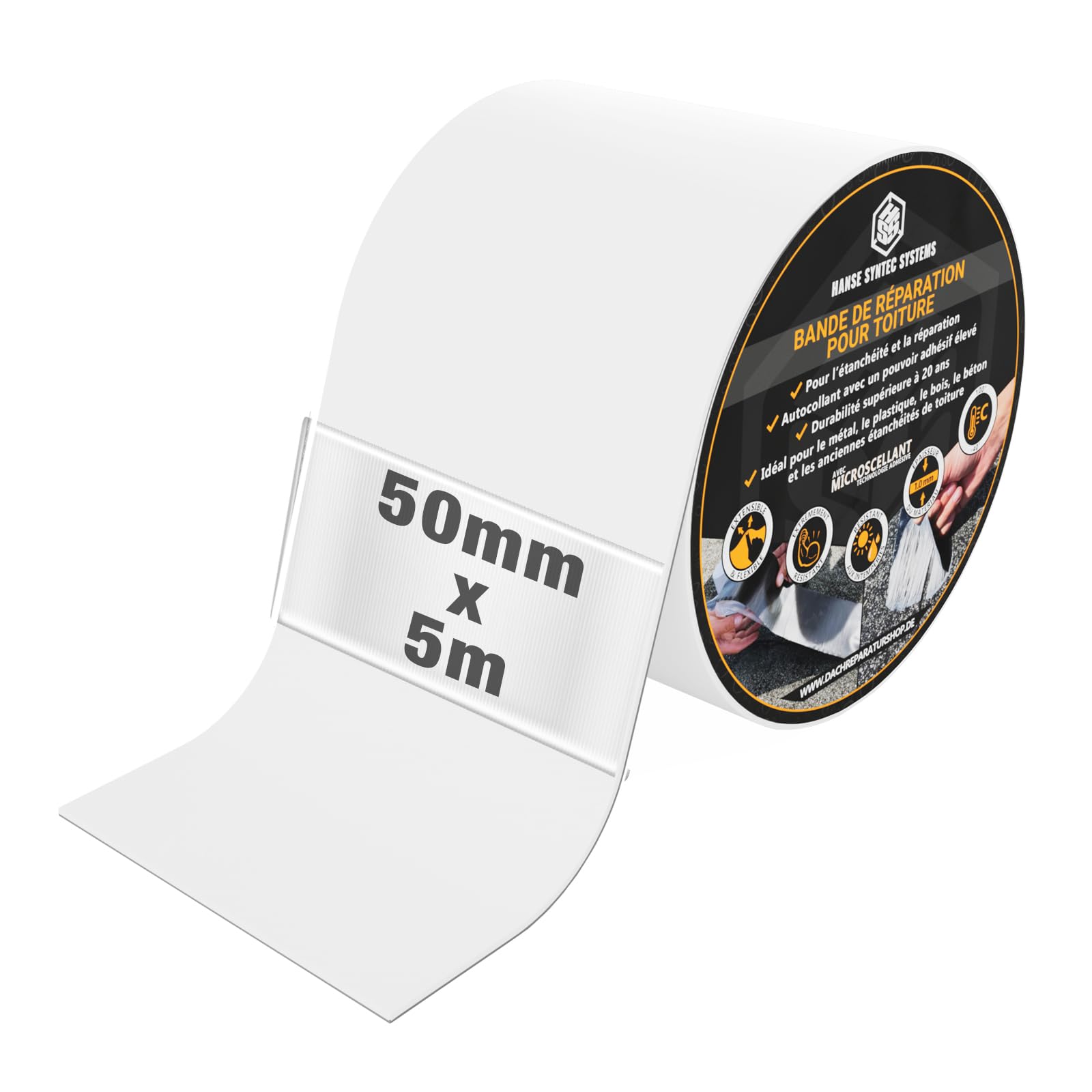HSS Bande d’étanchéité autocollante pour toiture et gouttière - Bande adhésive d'étanchéité résistante à l’eau et aux UV – Réparation facile des toit, des fissure, des joint (Blanc, 50mm/5m)