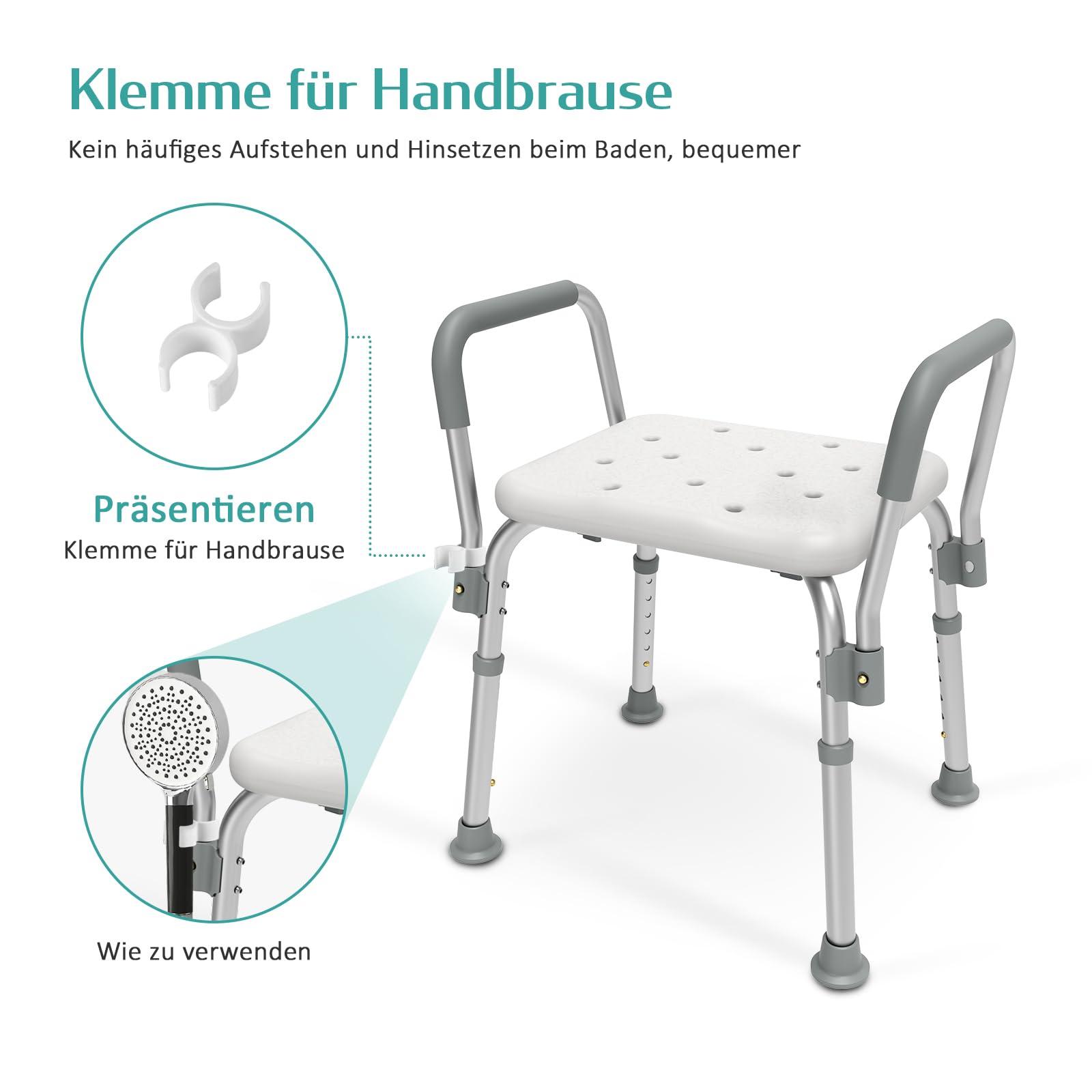 EMKE Duschstuhl mit Armlehne, Höhenverstellbarer Badhocker mit Anti-Rutsch-Griff & Saugnäpfen, Weiß Duschsitz für Bad und Dusche, Schnellmontage