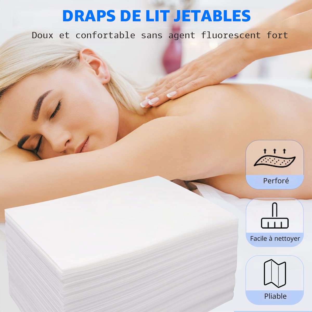 Draps Jetables Tissu Non-tissé 80 x 180cm pour Massage, SPA, Tatouage, Lit, Hôpital