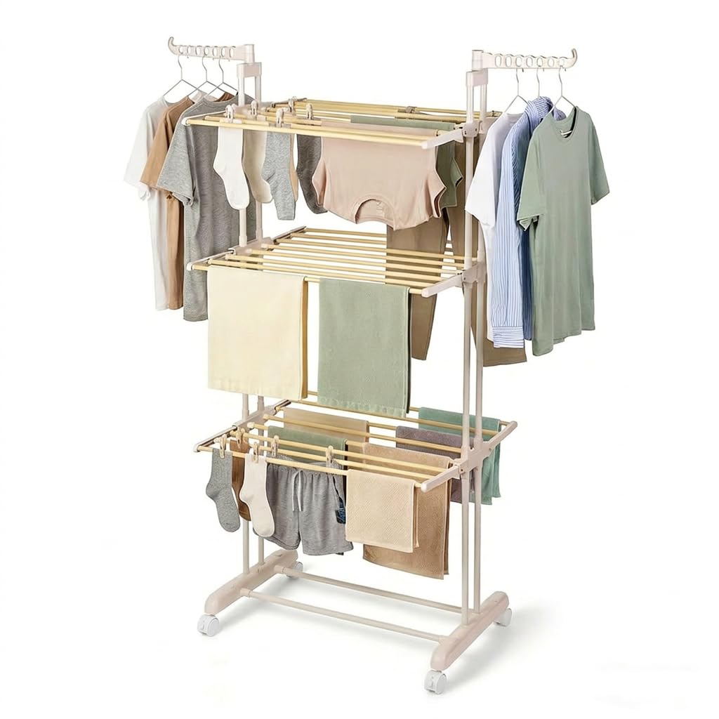 Étendoir à Linge Intérieur 3 Niveaux,Tubes Effet Bois avec Ailes Pivotantes