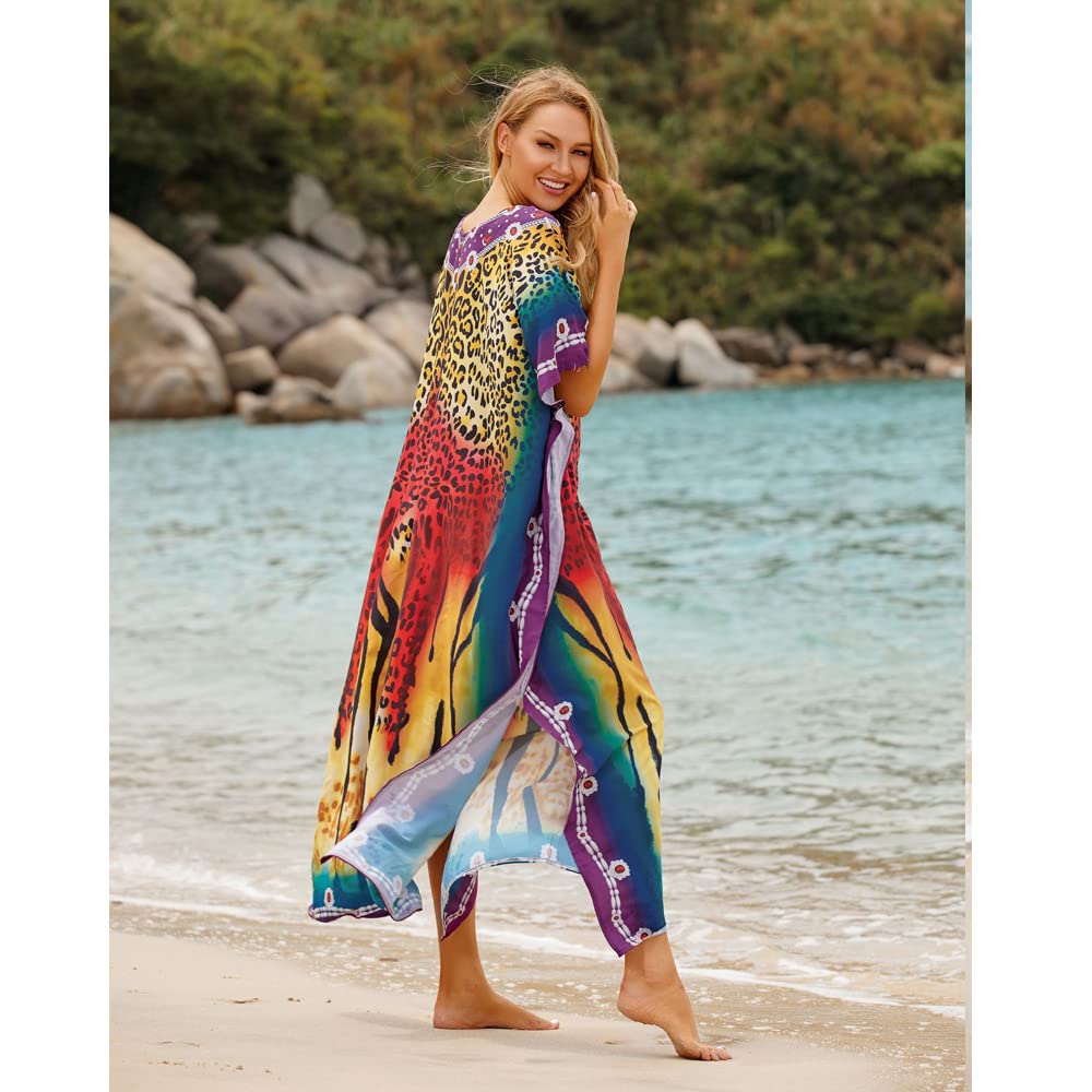 Donna Kaftan Lungo Abito da Spiaggia Maxi Bohemien Parei Copricostumi Copribikini Cover ups Scollo a V