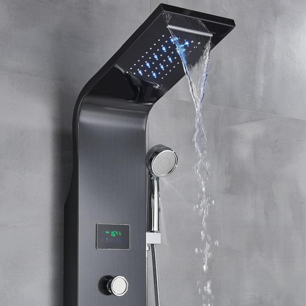 LED Shower Panel Rainproof and Waterfall Tower Massage Stainless Steel