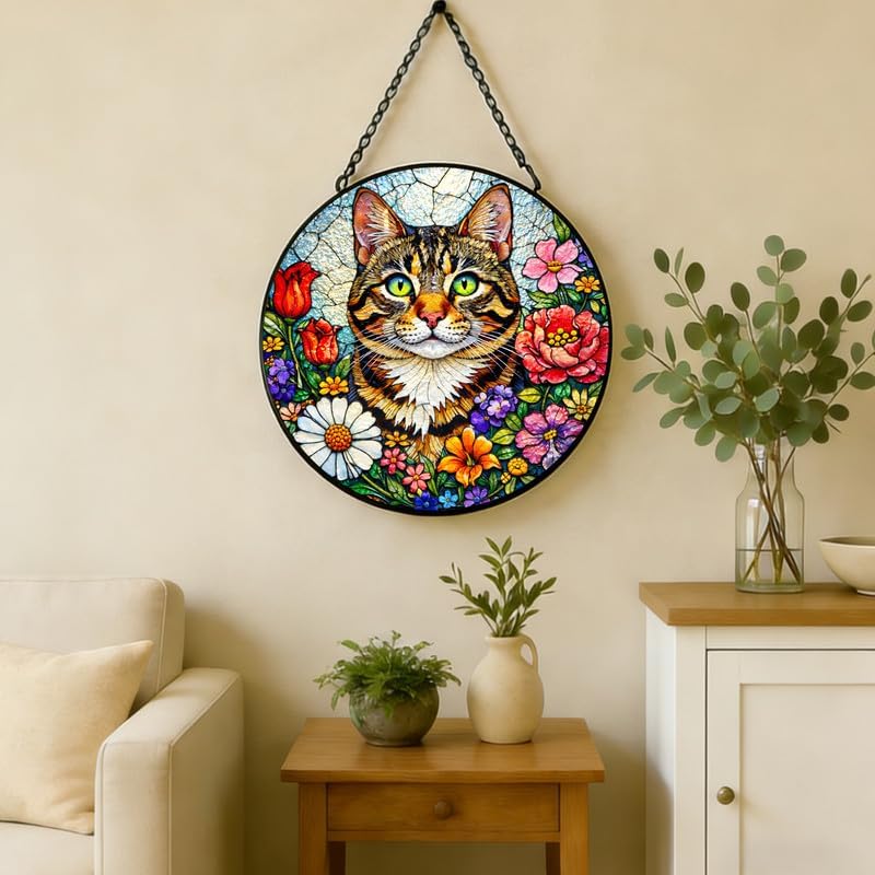 Stained Glass Window Hanging Suncatcher 11.8 in Tabby Cat Floral Colorful Glass Panel Sun Catcher for Window， Window Hanging Decor for Home， Housewarming Gift