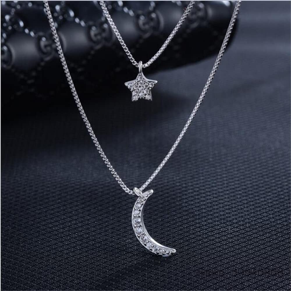 YCQYM Doppelschichtige Zirkonia-Mond-Stern-Halsketten für Damen, Kurze Kette, Halsband de Prata, Geschenk