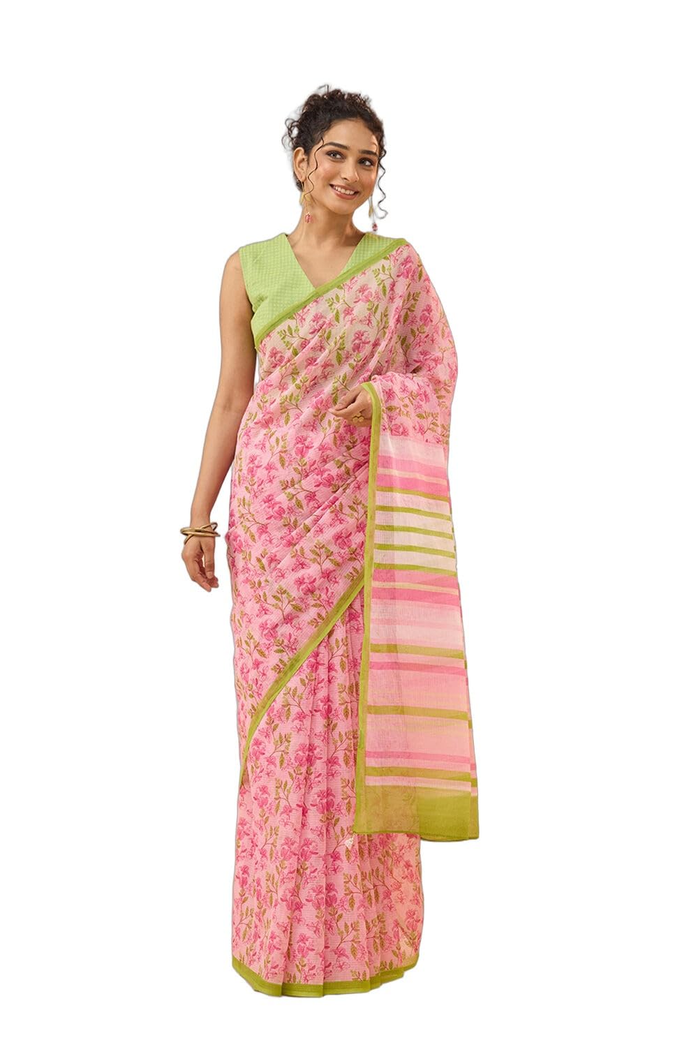 taneira Pink Screen Printed Bengal Pure Cotton Kota SareeWith Unstitched Blouse(SAPP01AD4863-Pink)-picture-41