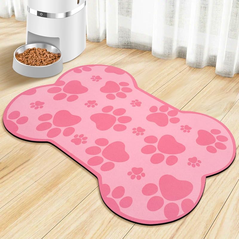 Dog Food Mats for Floors Waterproof, Pet Feeding Absorbent Water Bowl Mat Cat Placemats Beige Bone Shape 25.5 * 17 inch
