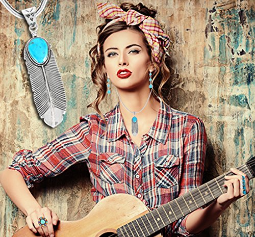 Turquoise Feather Pendant Necklace in Sterling Silver 925 & Genuine Gemstones (20" Length)4