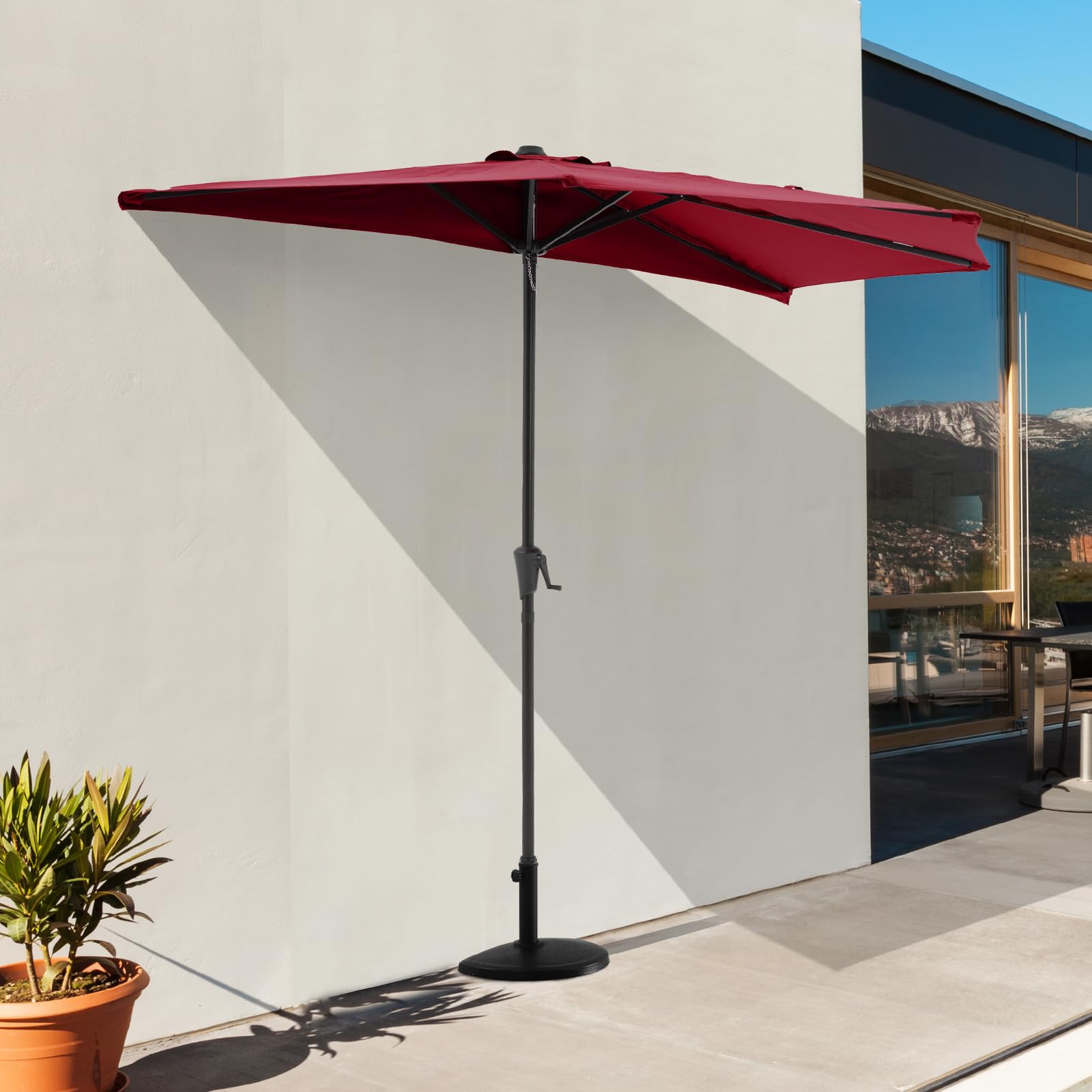 COBANA 9' Half Round Patio Outdoor Umbrella with Crank for Deck, Balcony, Garden or Terrace Shade, Dark Red