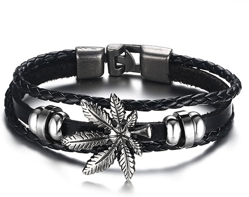Miniatura 3 de Pulsera de hoja de cáñamo de marihuana de triple hebra para hombres, 10 pulg., Cuero