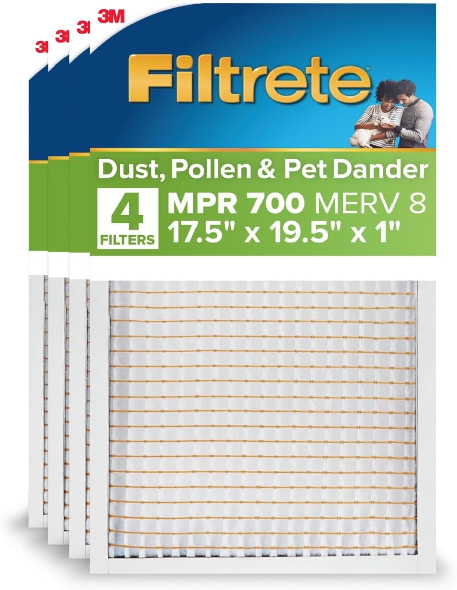 Filtrete 17.5X19.5X1 Air Filter, MPR 700, MERV 8, Clean Living Dust, Pollen and Pet Dander Reduction 3-Month Pleated 1-Inch Air Filters, 4 Filters 17.5x19.5x1 White