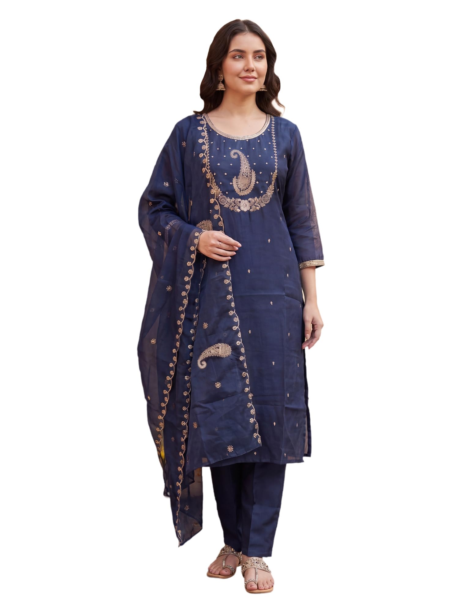 indo era Women's Viscose Self Design Straight Kurta with Pant & Dupatta Set-picture-33
