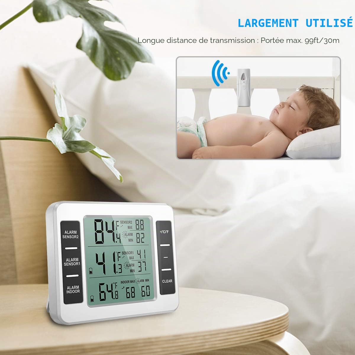 Brifit Thermomètre Frigo Connecté - Alarme Congélateur, Intérieur/Extérieur Sans Fil avec 2 Capteurs, MIN/MAX et Alarme Température pour Maison