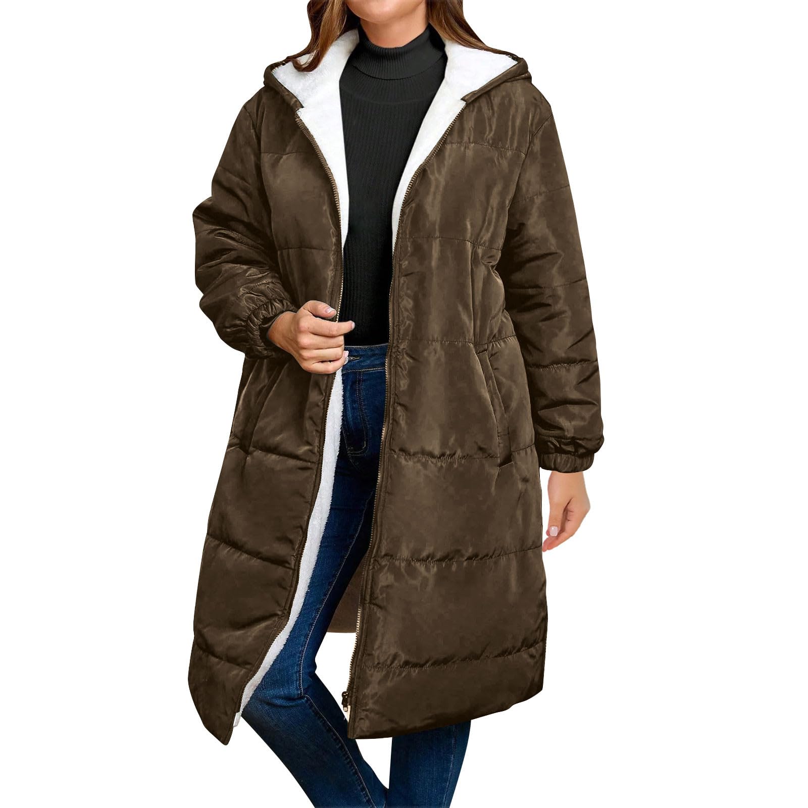 Abrigos largos de invierno para mujer, chaqueta acolchada con forro polar, elegante abrigo acolchado de línea larga para mujer, gabardina acolchada con cremallera con capucha, estilo casual al aire