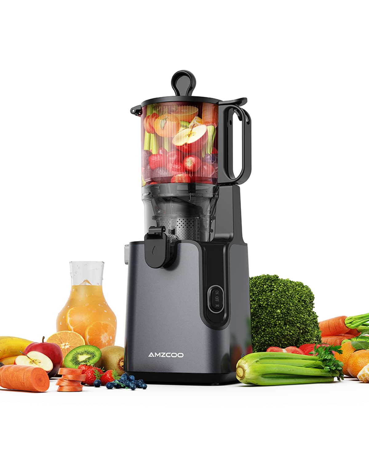 Exprimidor lento, 130 mm de orificio de llenado y depósito de zumo de 1,8 L, prensa fría para verduras y frutas enteras, fácil de instalar y limpiar, sin BPA