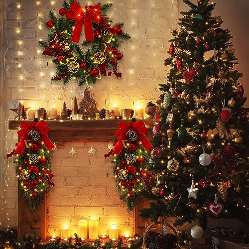 Meooeck 3 Pcs Christmas Pre Lit Wreath and Swag with Lights Artificial 24in Christmas Garland for Front Door Outdoor Indoor Home Party Decoration with Bow Pine Cones Berries Battery Operated(Red) - Thumbnail 6