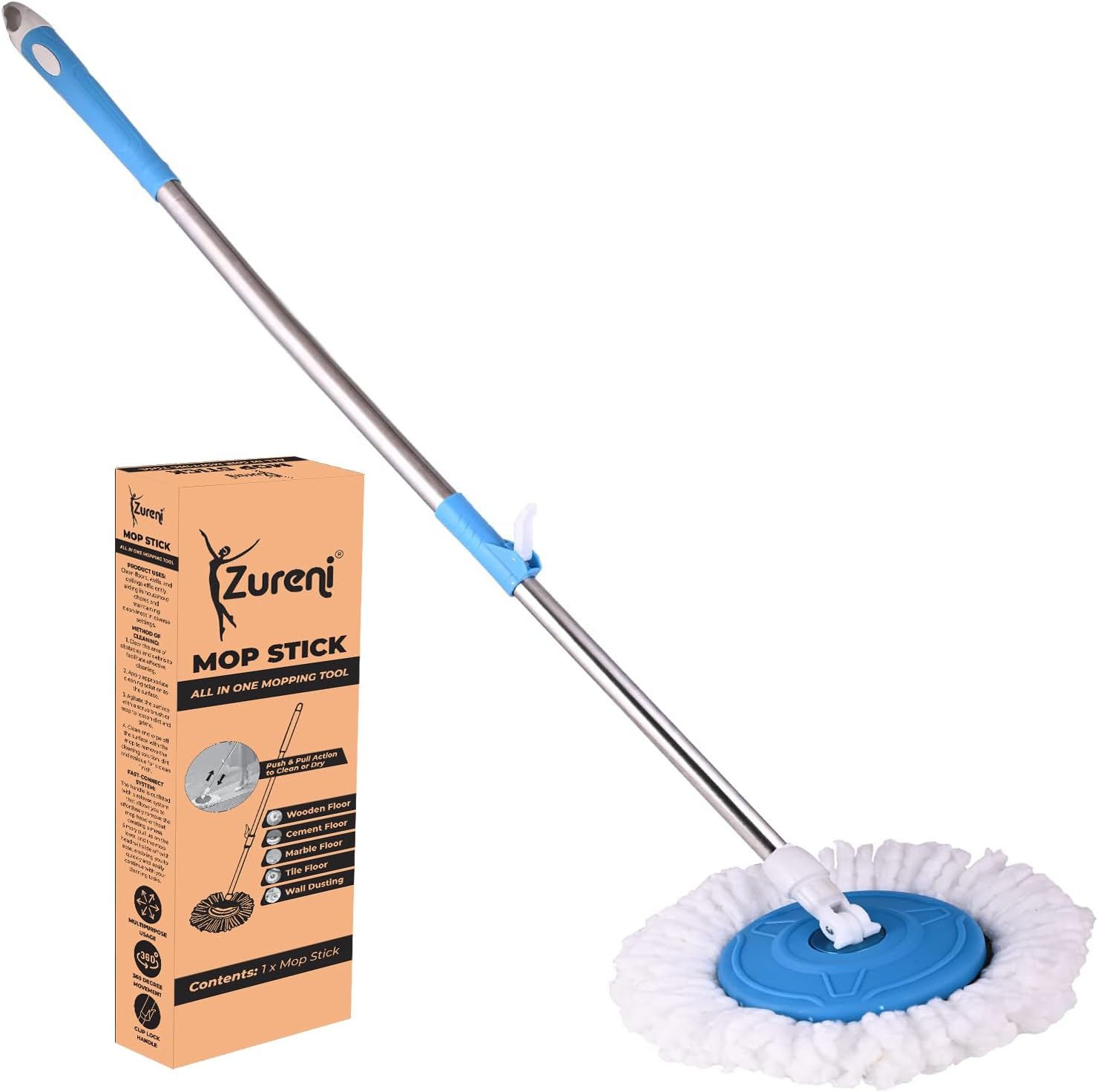 Zureni Bucket Spin Mop Stick Rod with Microfiber Refill Pocha Cleaner 360° Adjustable Easy Grip 42 Inches Long Metal Handle for Wet Floor Household Industrial Cleaning & Mopping (Random Color)