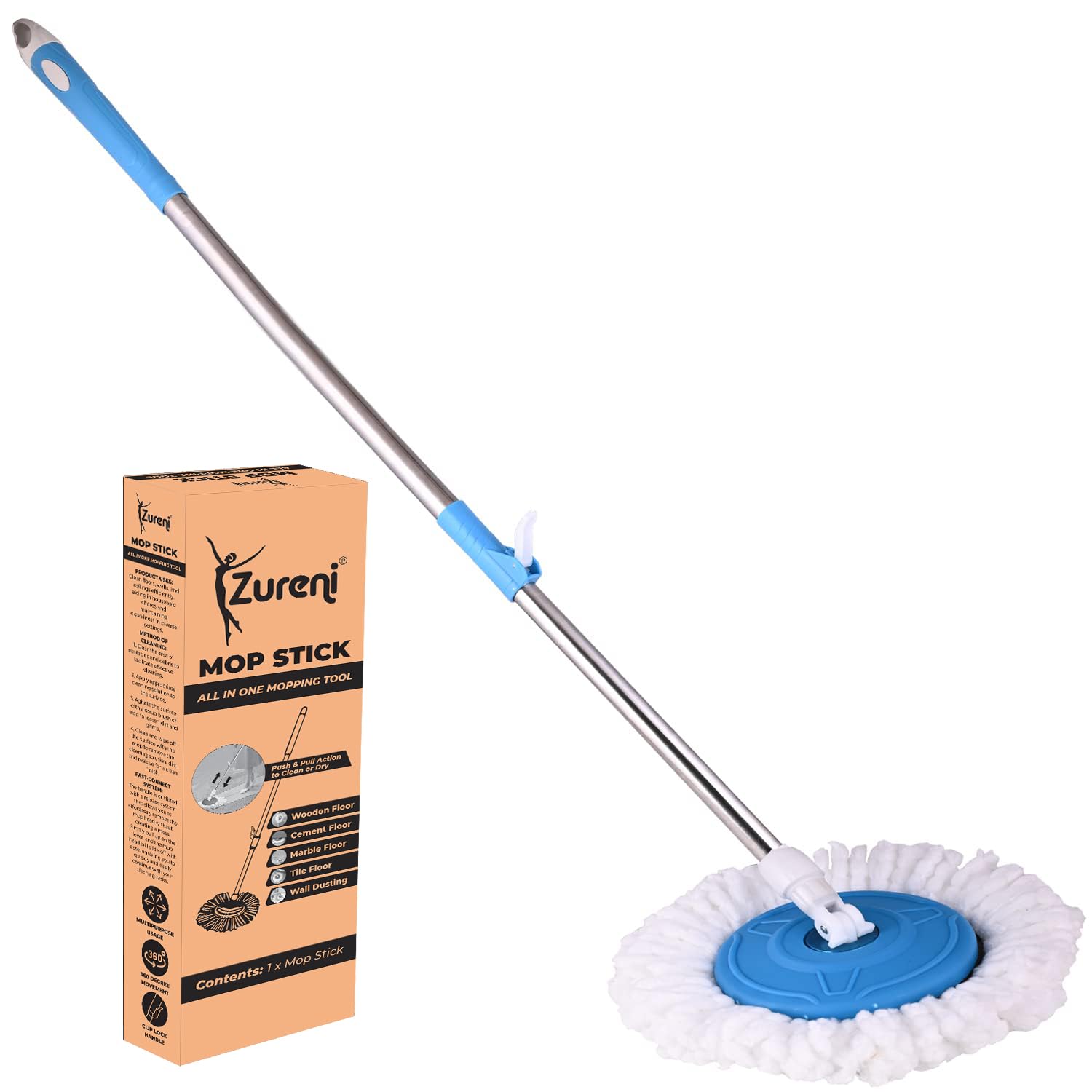 Zureni Bucket Spin Mop Stick Rod with Microfiber Refill Pocha Cleaner 360° Adjustable Easy Grip 42 Inches Long Metal Handle for Wet Floor Household Industrial Cleaning & Mopping (Random Color)