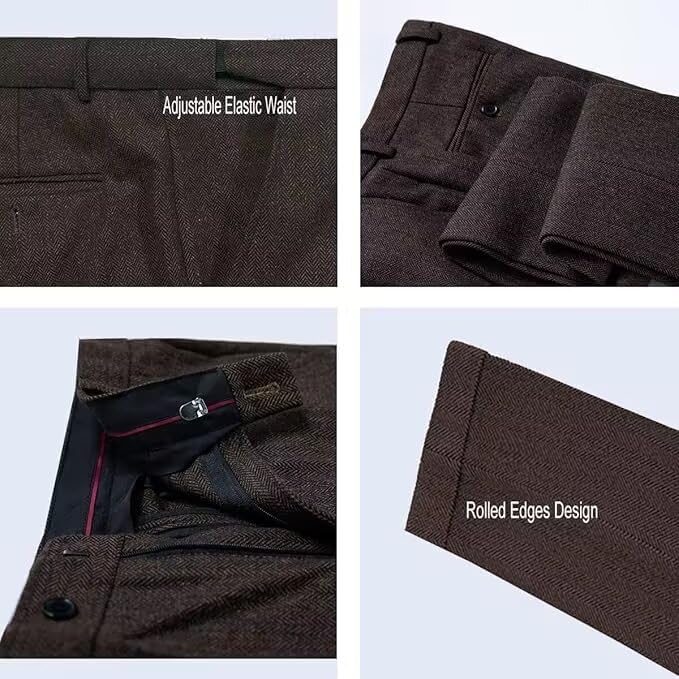Ceehuteey Men's Regular Fit Tweed Wool Dress Pants Flat Front Herringbone Trousers3