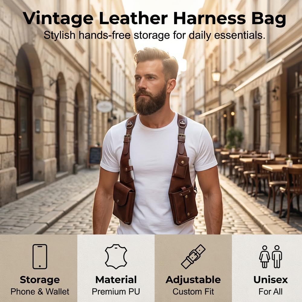 Cross-Body Sling Packm, Double Shoulder Armpit Bag for Men, Adjustable Leather Armor Crossbody Pack Multi-Pocket