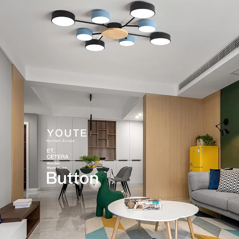 8-Lights LED Ceiling Light Fixture Wooden Ceiling Light Fixtures Flush Mount Indoor Lighting Modern 96W Close to Ceiling Light Sconse for Bedroom Dining Room Living Room 3000K-6000K Selectable Blue
