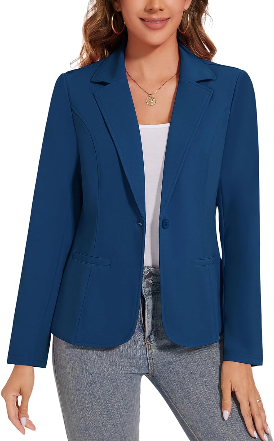 Women's Button Front Blazer Jackets Long Sleeve Lapel Business Casual Office Work L...