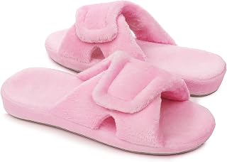 Women's Adjustable Diabetic Slippers Memory Foam House Shoes Cozy Arch Support Orthotic Heel Cup Arthritis Edema Slippers Non Slip Rubber Sole, Open Toe Fuzzy Slide Sandals for Ladies..