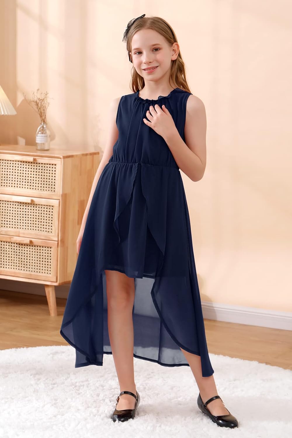 GORLYA Girls Sleeveless Ruffle Neck Hi-Lo Hem Overlay Formal Occasin Chiffon Long Party Dress 4-14T - Image 4