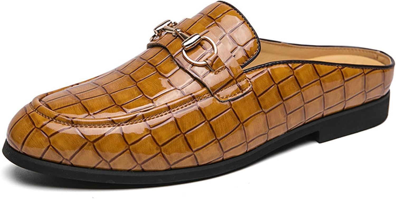 Mule Sandals for Men Low Block Heel Fashion Metal Buckle Comfort Slip Round Toe Backless Penny Loafers for Dressy Casual Daily Office Work