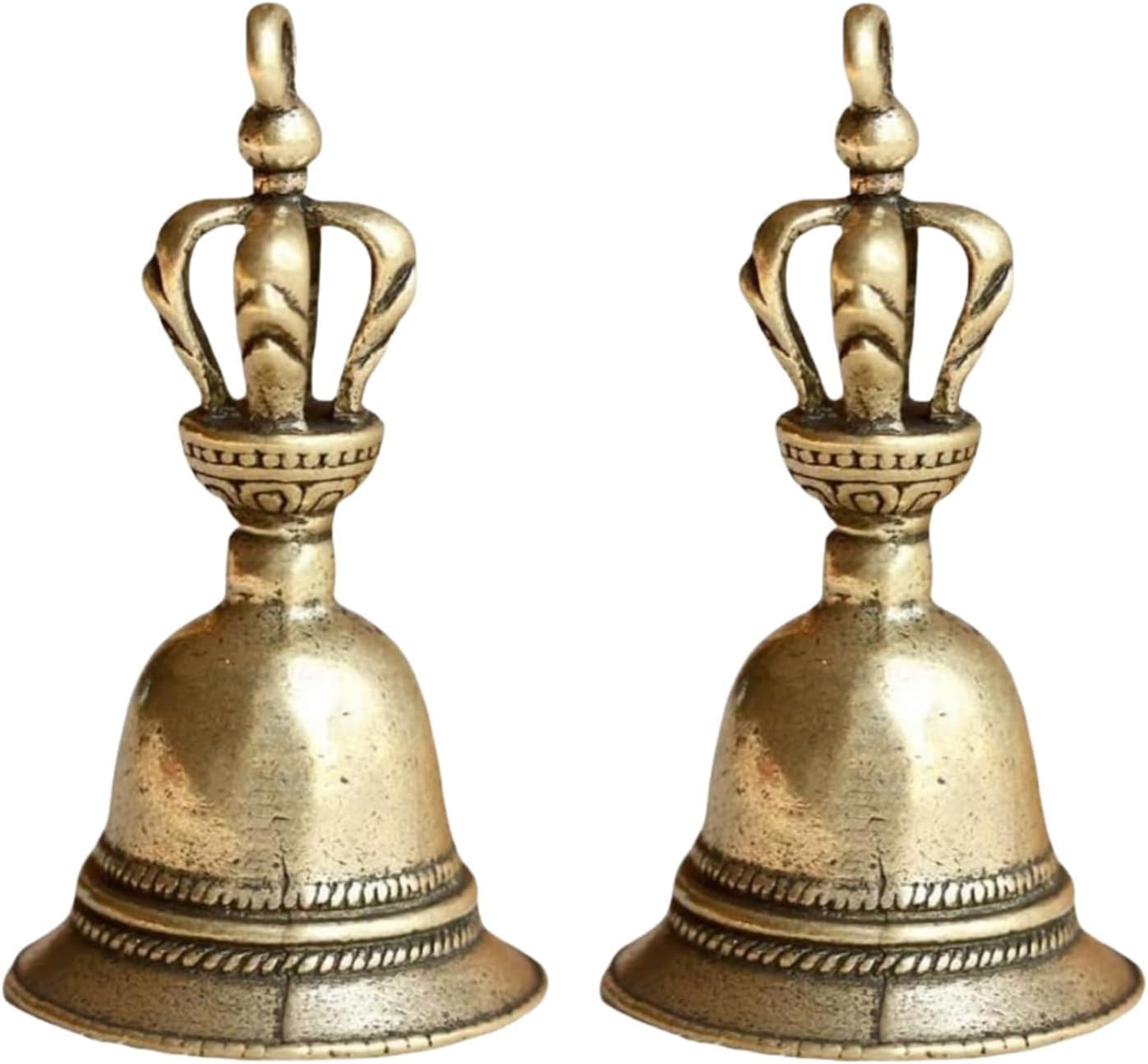 2Pcs Retro Copper Bell Wind Chimes,Demon Subduing Bell Creative Solid Brass Bell Handicraft Tibetan Bronze for Decoration Car Pendant Small Circle Hand Bells and Chimes (4.7cm*2.5cm)